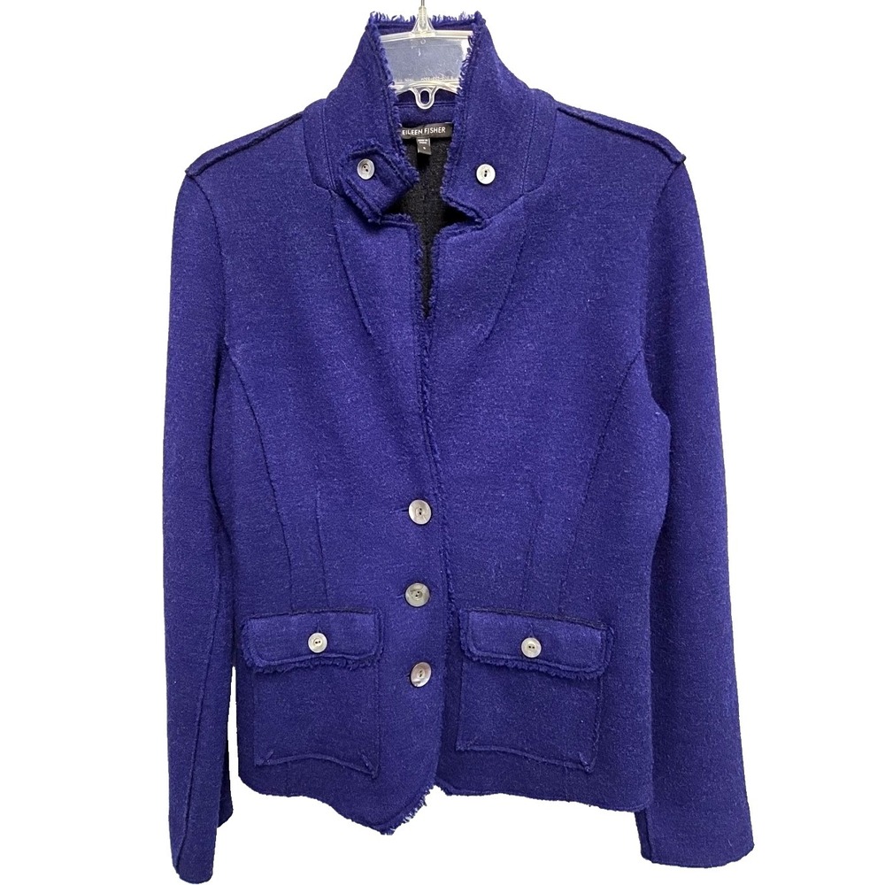 Eileen Fisher Wool Blazer Jacket Cardigan Sweater Button Size Small Purple/Gray